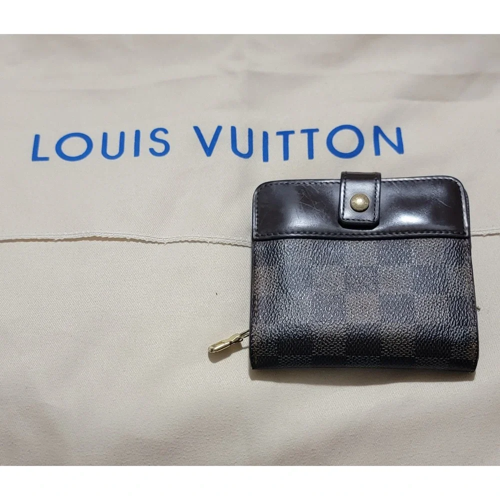 Louis Vuitton Damier Ebene Compact Wallet Brown‎ Checkered Canvas Zippered